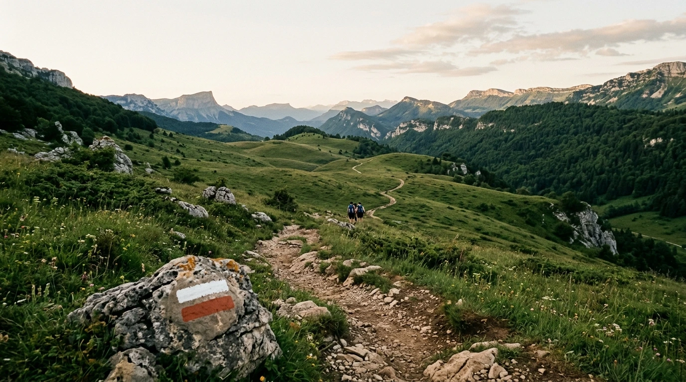 Sentier balisé traversant un alpage en moyenne montagne