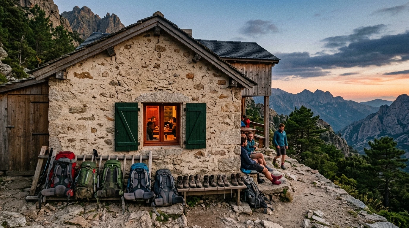 Refuge de montagne corse en fin de journée, sacs posés devant
