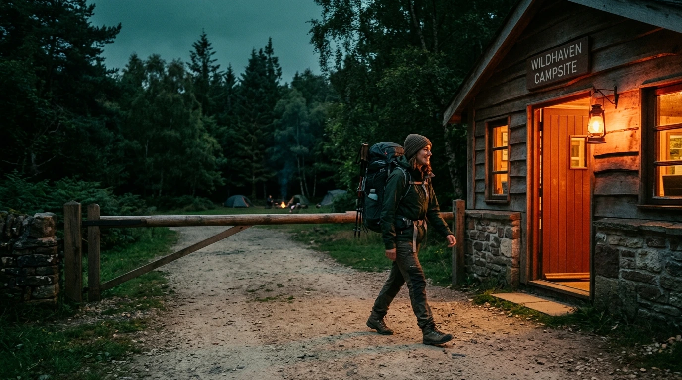 Randonneur arrivant à pied au camping en fin d'étape