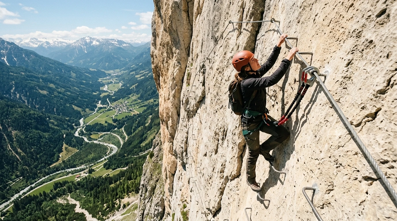 Câble et barreaux d'une via ferrata sur paroi calcaire