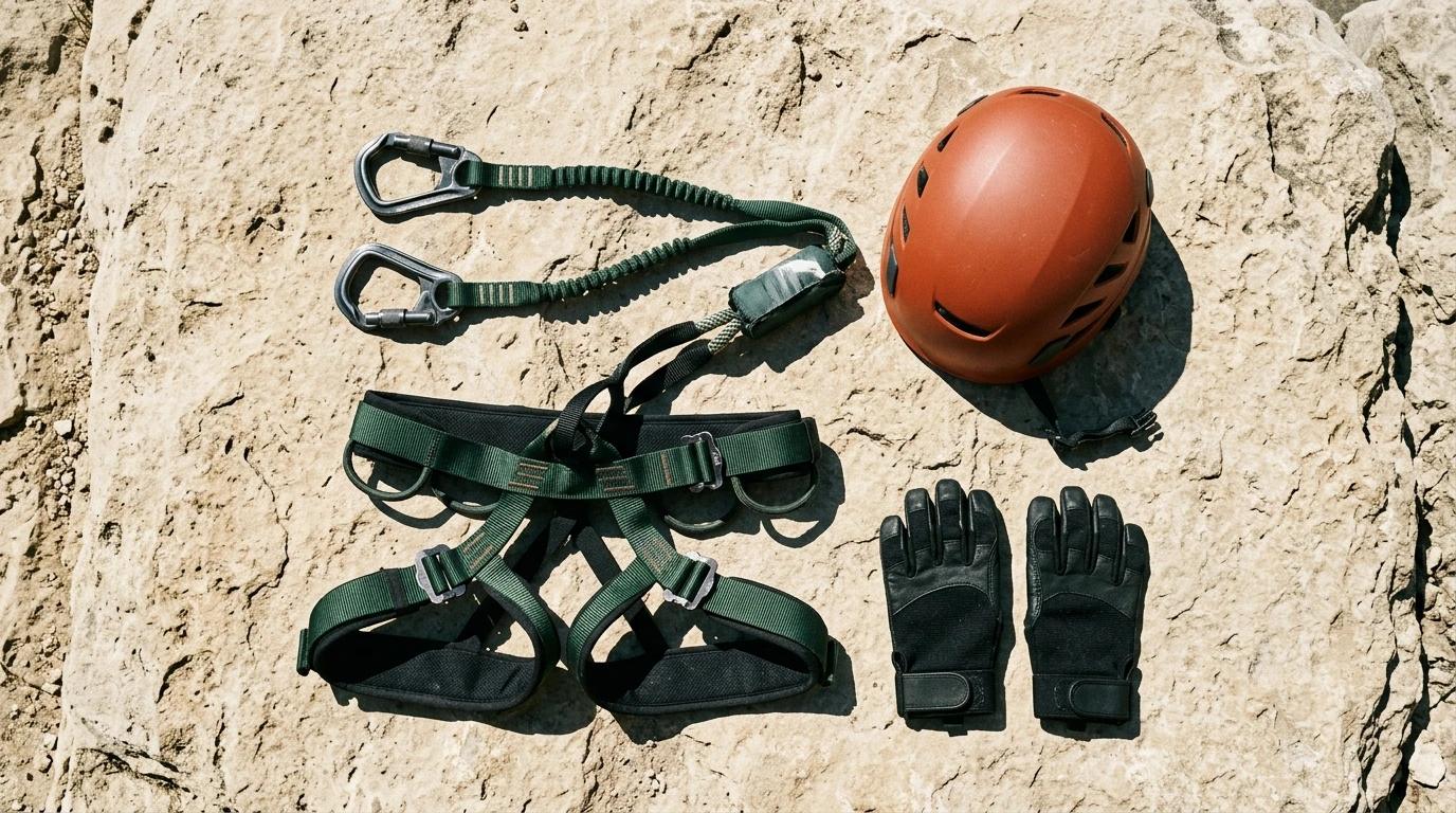 Longe à absorbeur, baudrier et casque posés avant le départ