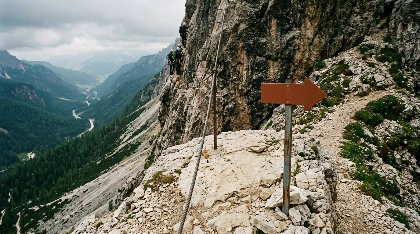 Sentier de sortie quittant la paroi à mi-parcours