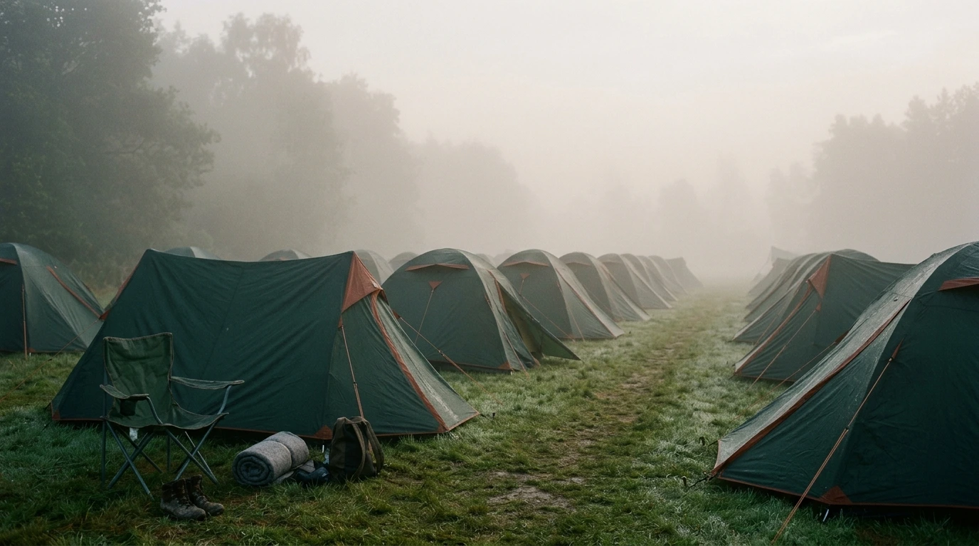 Camping de festival au petit matin, brume sur les tentes