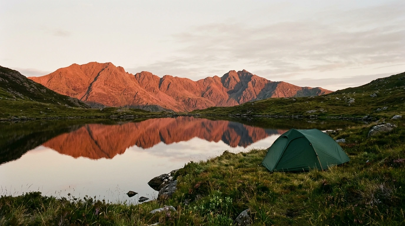 Tente de bivouac montée à la tombée du jour près d'un lac d'altitude