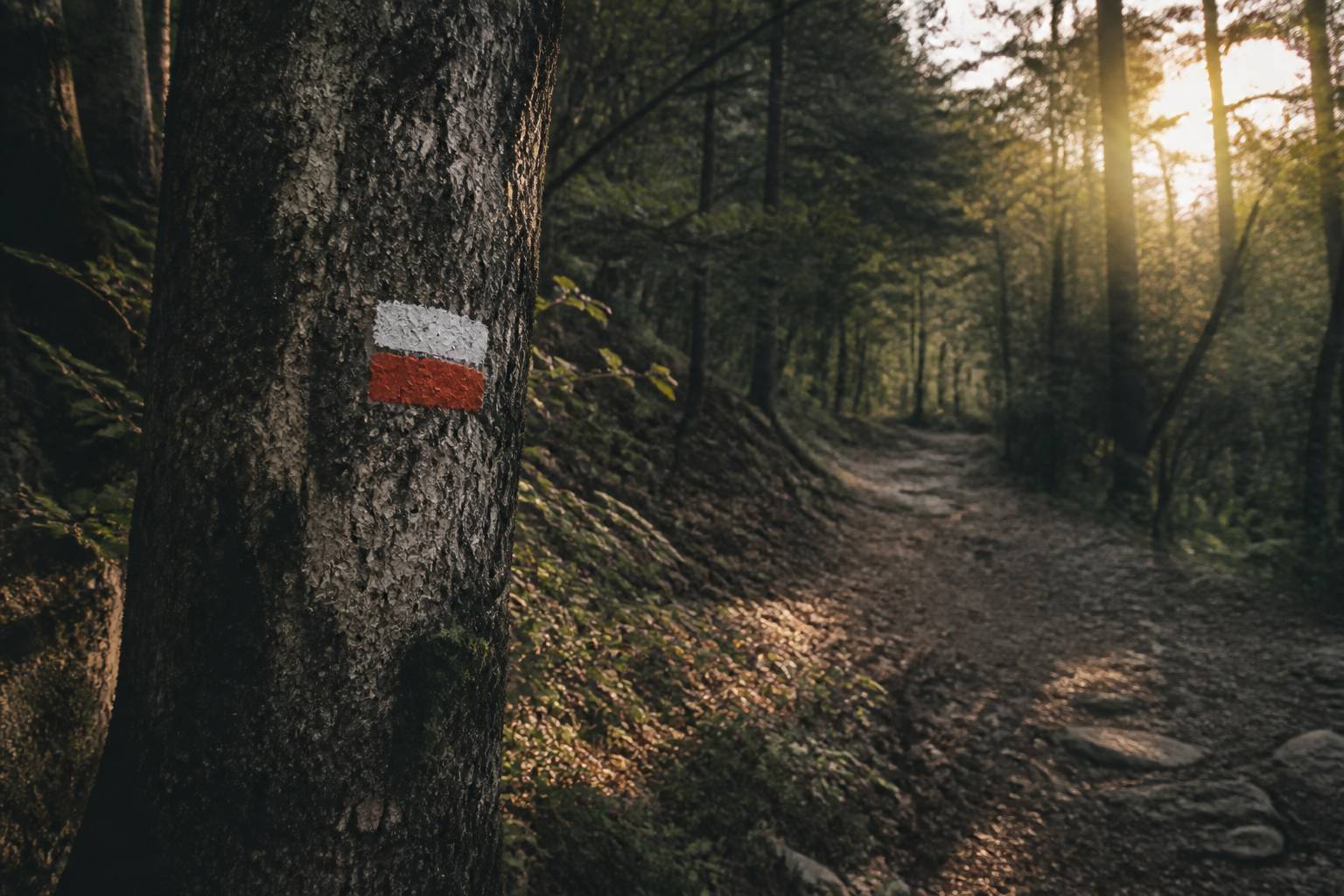 Balise de randonnée peinte sur un tronc le long d'un chemin forestier