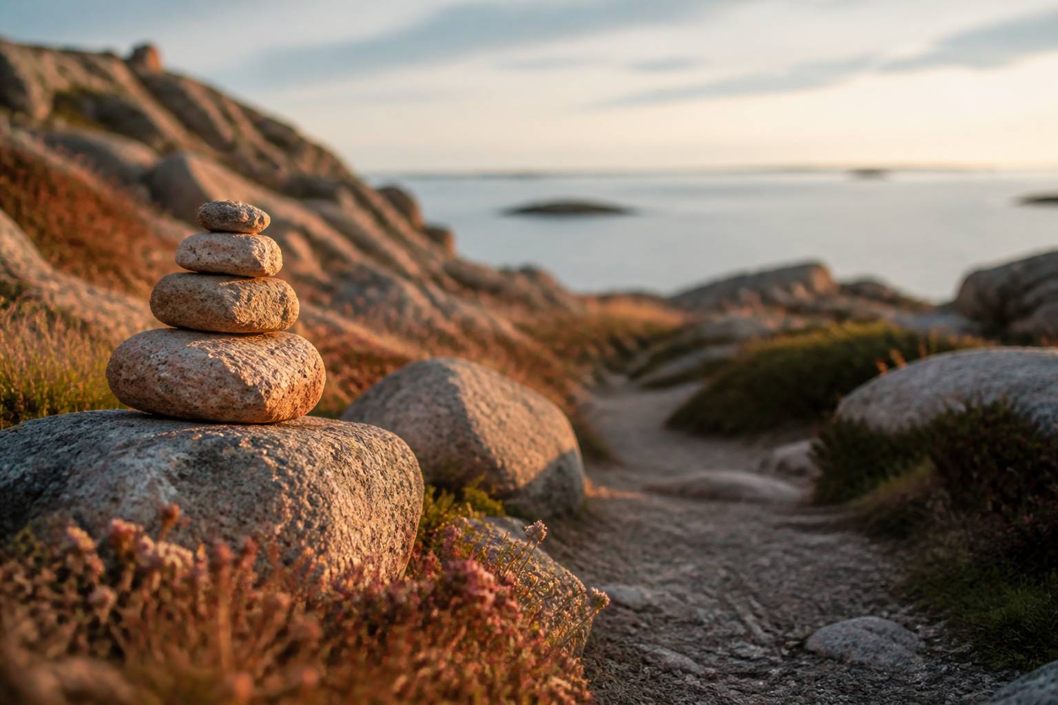 Cairn de pierres posé au bord d'un chemin côtier en Bretagne