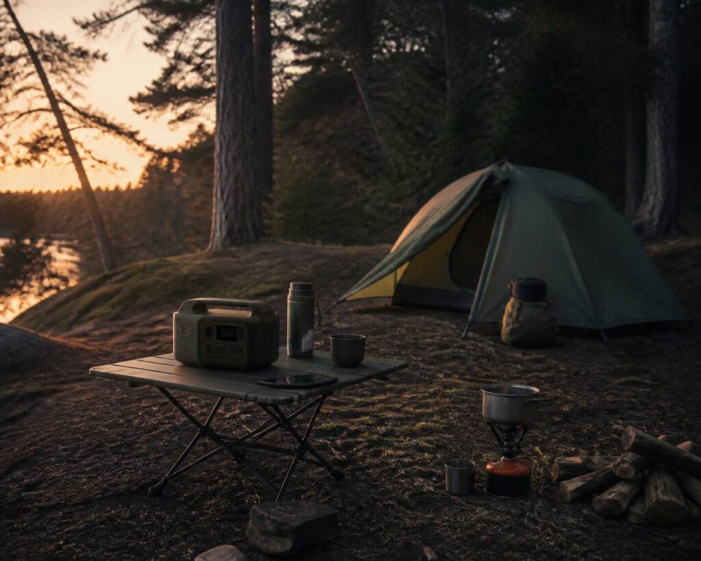 Campement léger au crépuscule avec une petite station électrique portable générique sur une table