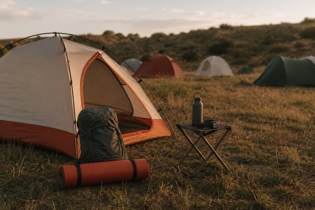Tente de camping et matériel posés sur un champ de festival