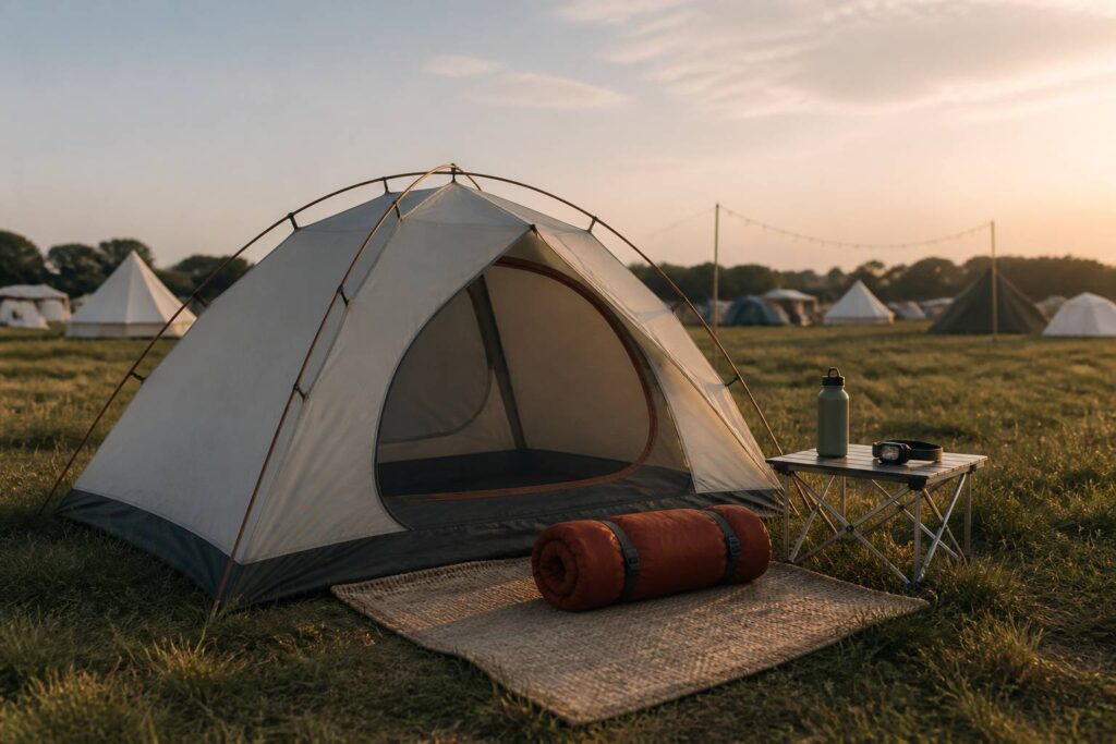 Tente de camping installée sur un champ avec du matériel de festival