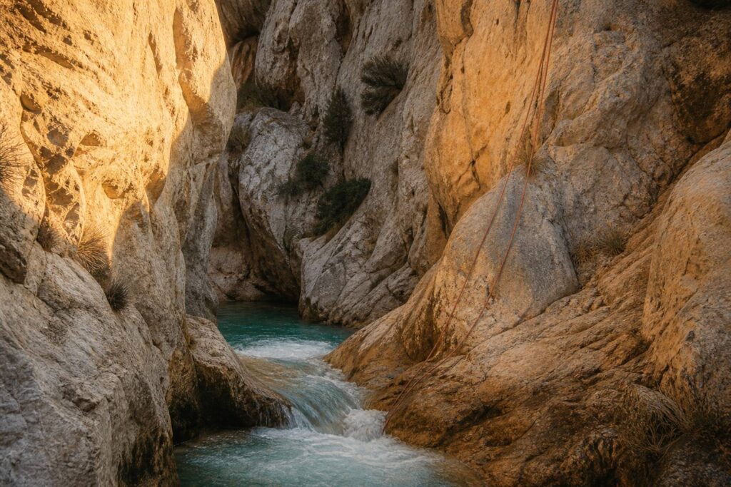 Gorge de canyon avec eau turquoise et cordes de rappel en place