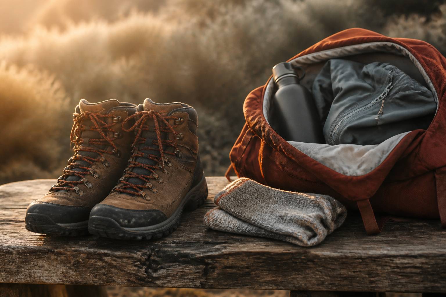 Chaussures de randonnée et sac préparé sur un banc