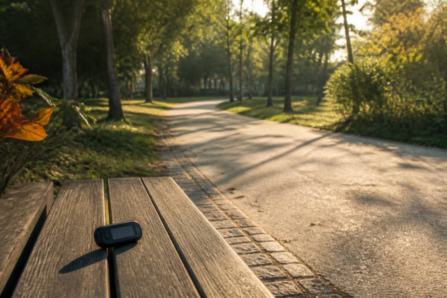 Chemin de parc urbain avec un podomètre générique posé sur un banc