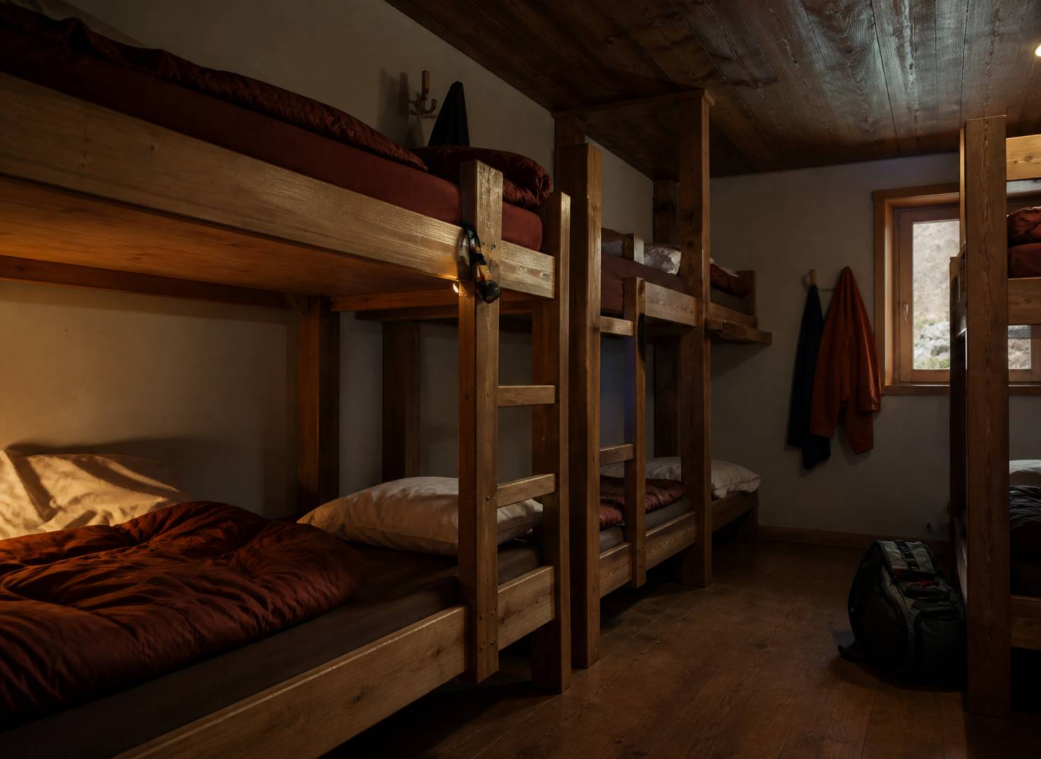 Dortoir de refuge avec lits superposés en bois et sacs de randonnée