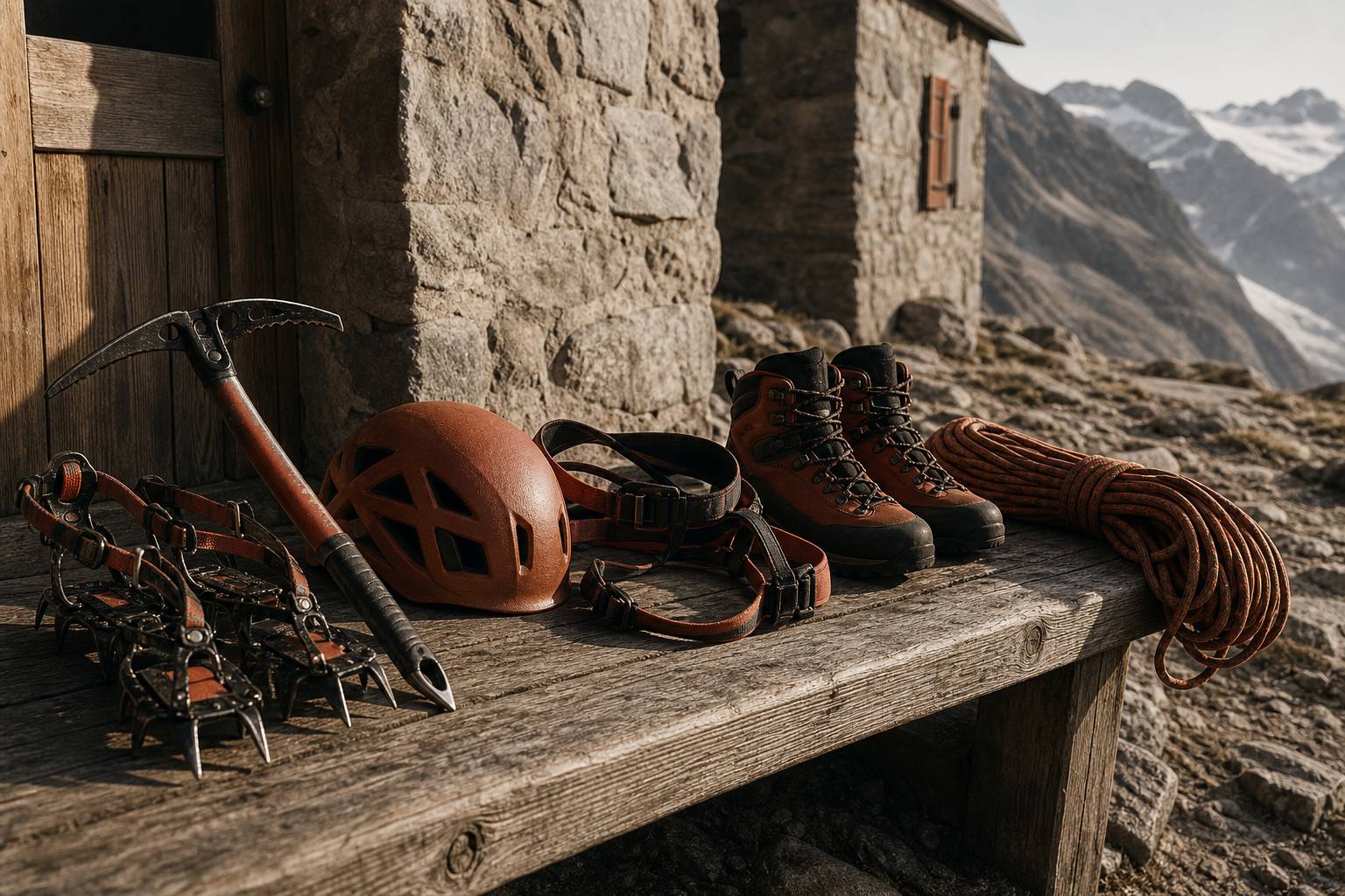 Équipement d'alpinisme posé devant un refuge de montagne