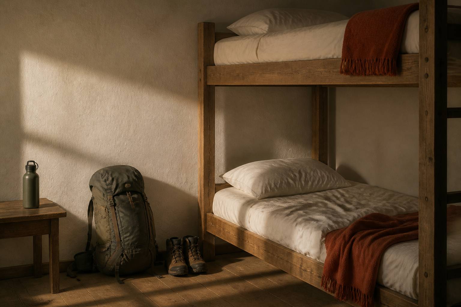 Sac de randonnée posé dans un gîte d'étape avec des chaussures