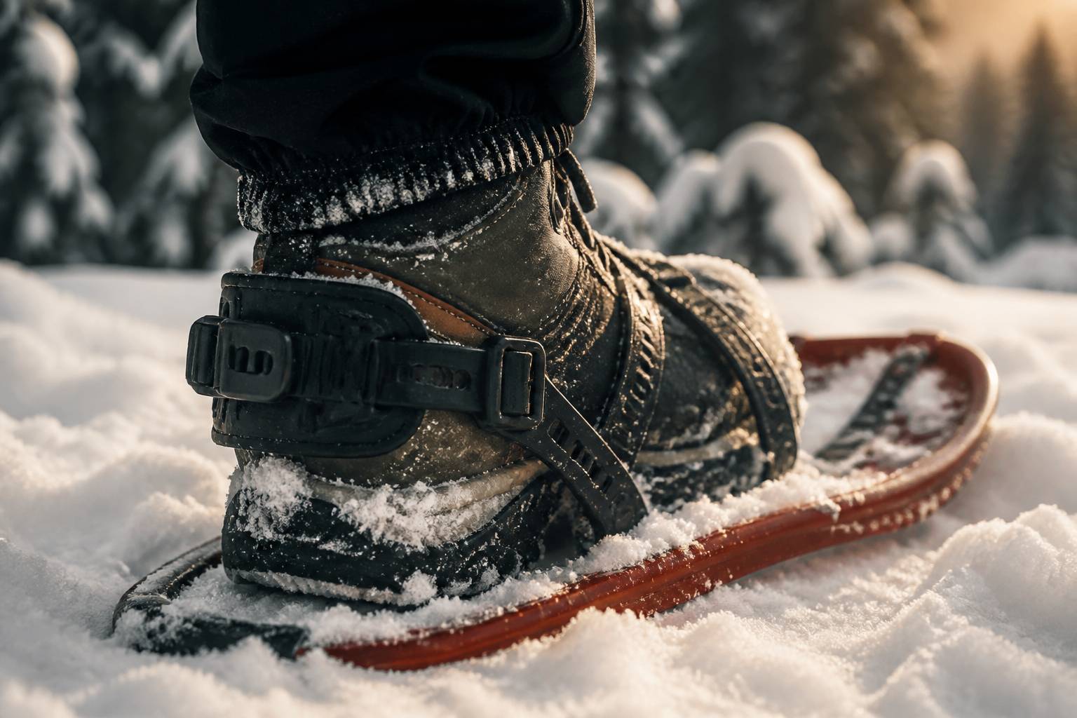 Gros plan d'une fixation de raquette à neige avec sa talonnière réglable