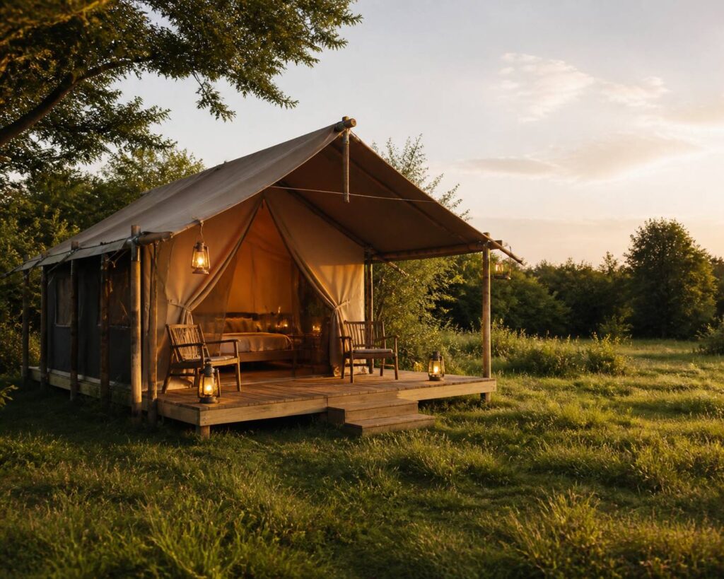 Tente de glamping safari avec terrasse en bois en pleine nature