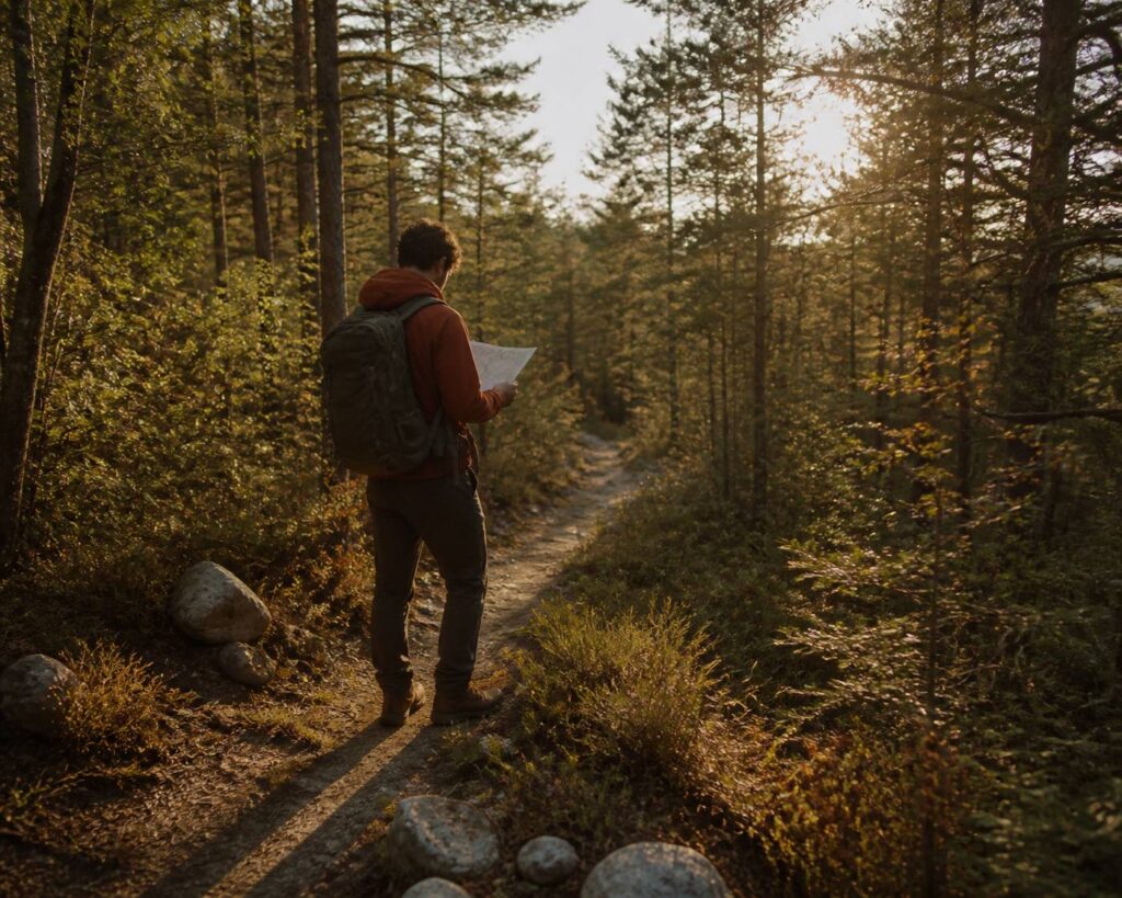 Sentier de grande randonnée en forêt baigné de lumière dorée du soir