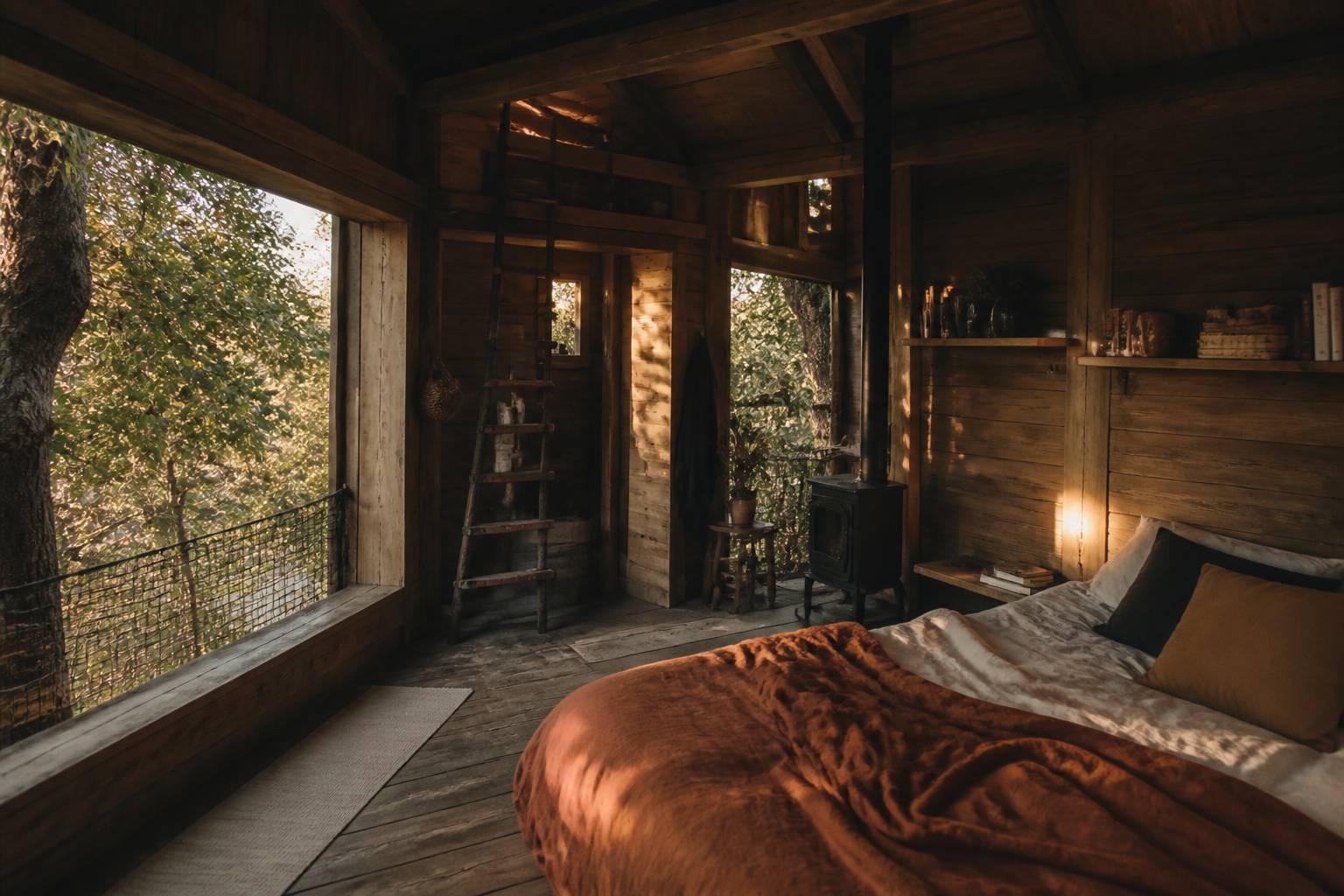 Intérieur cosy de cabane perchée avec lit et poêle