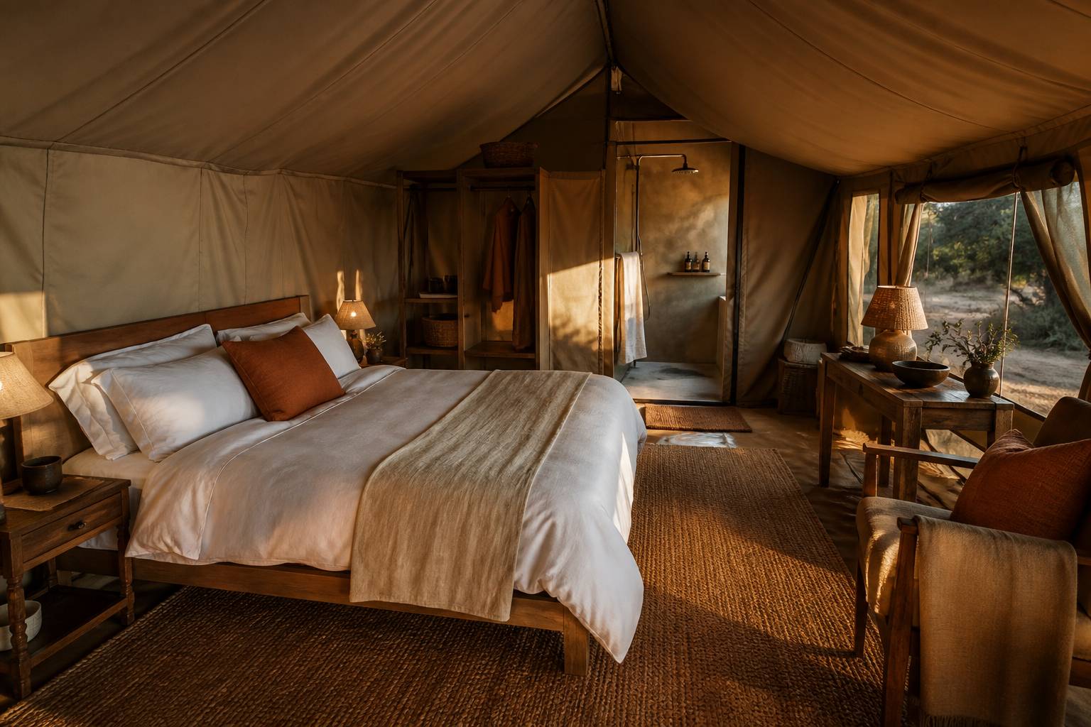 Intérieur de tente glamping avec lit confortable et coin salle d'eau