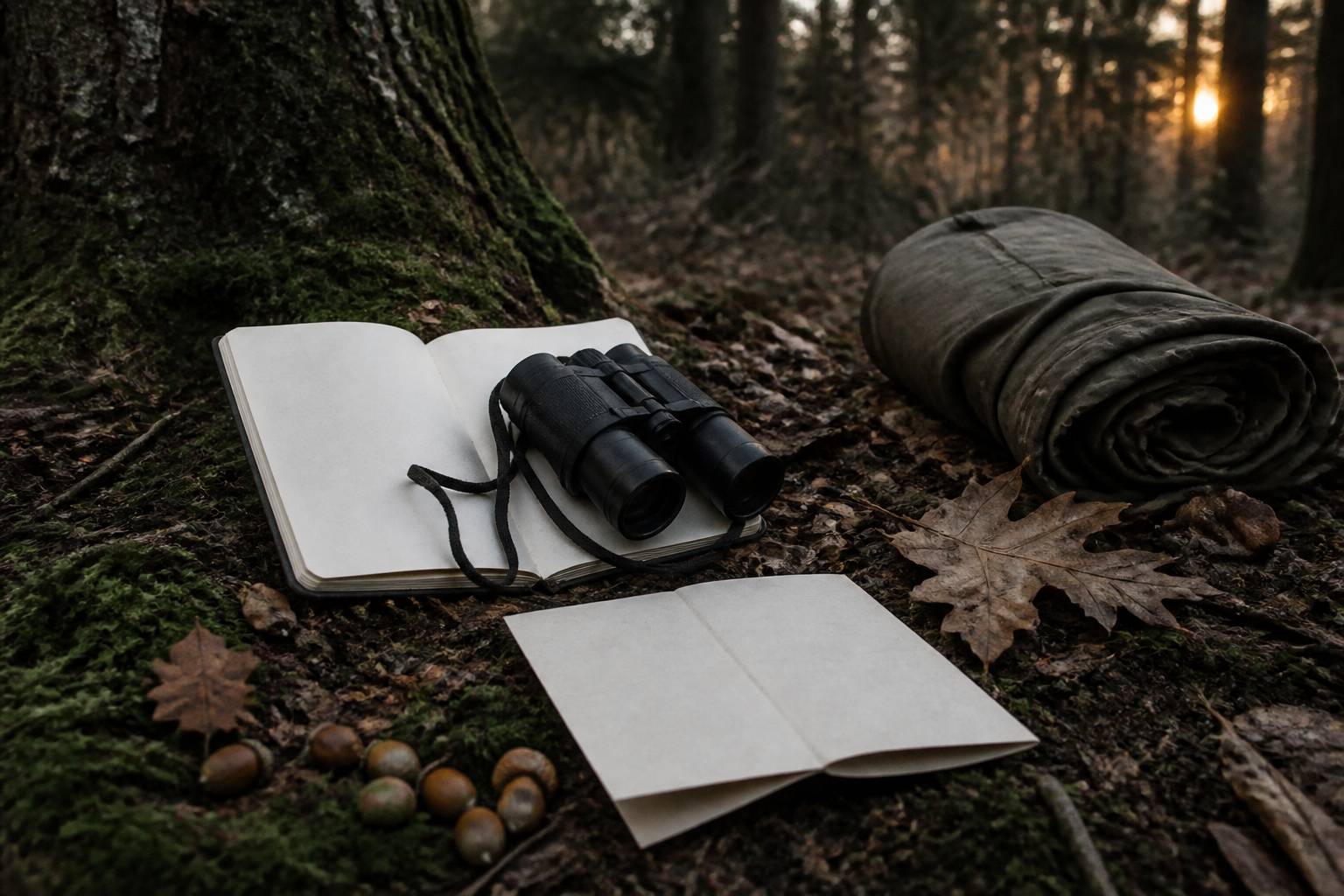 Jumelles et carnet de terrain posés sur un tronc