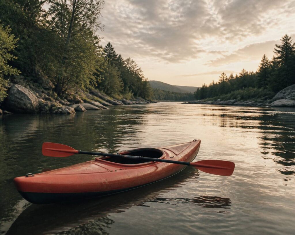 Kayak rouge sur une rivière calme bordée de végétation