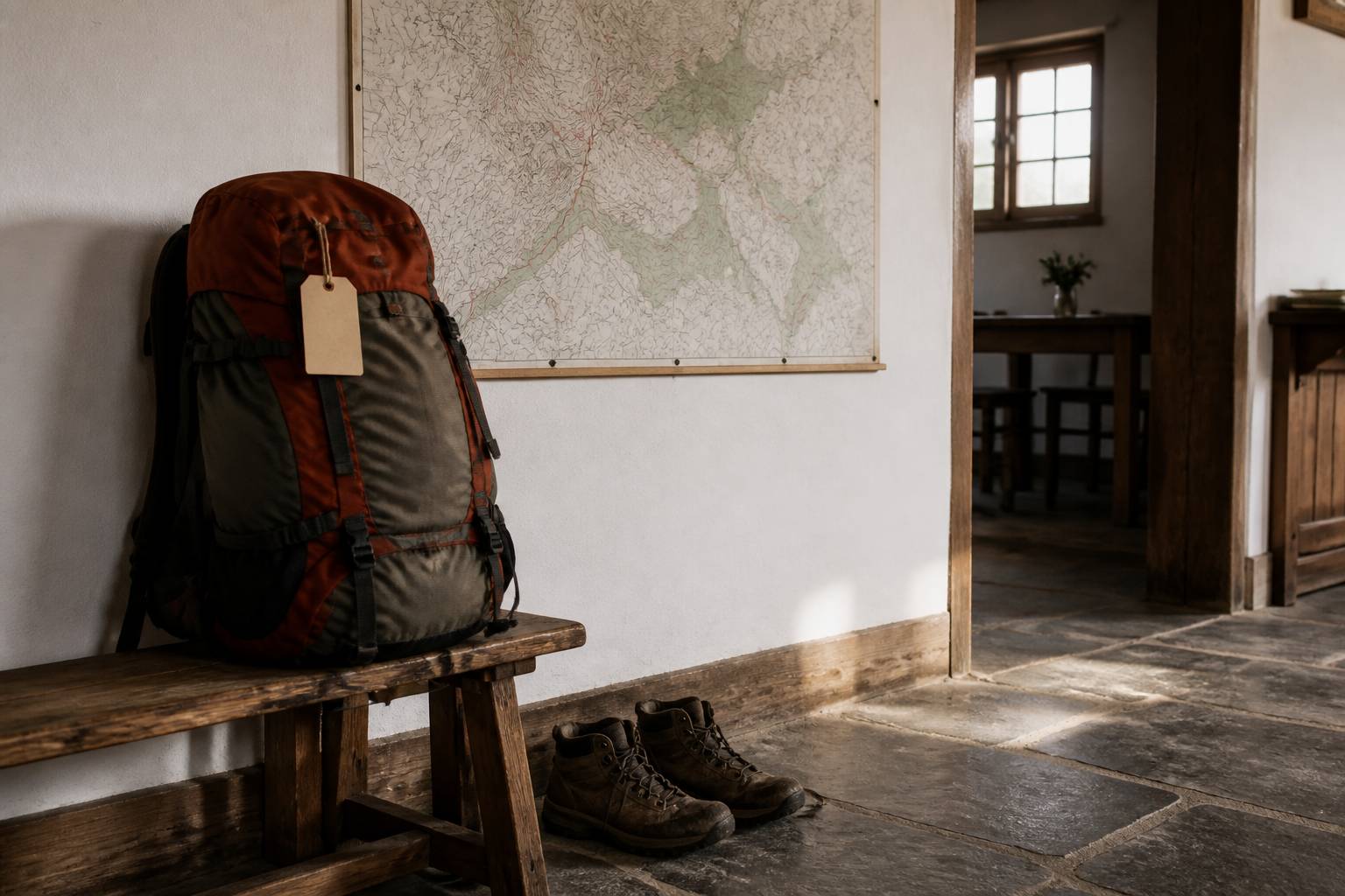 Sac de randonnée posé sur un banc dans un gîte d'étape