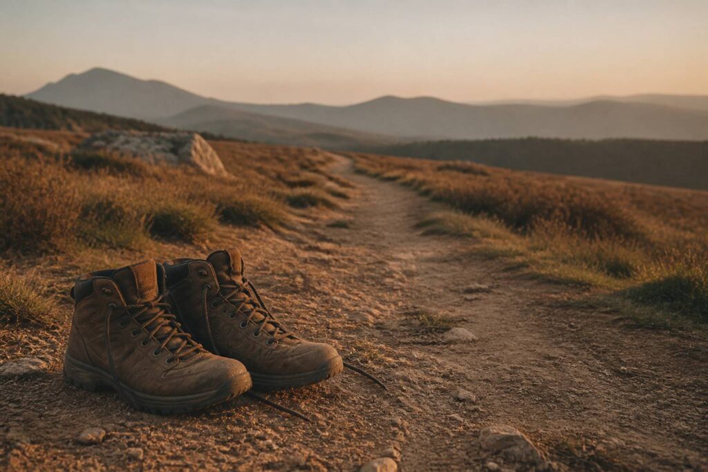 Chaussures de marche posées sur un sentier nature baigné d'une lumière de fin de journée