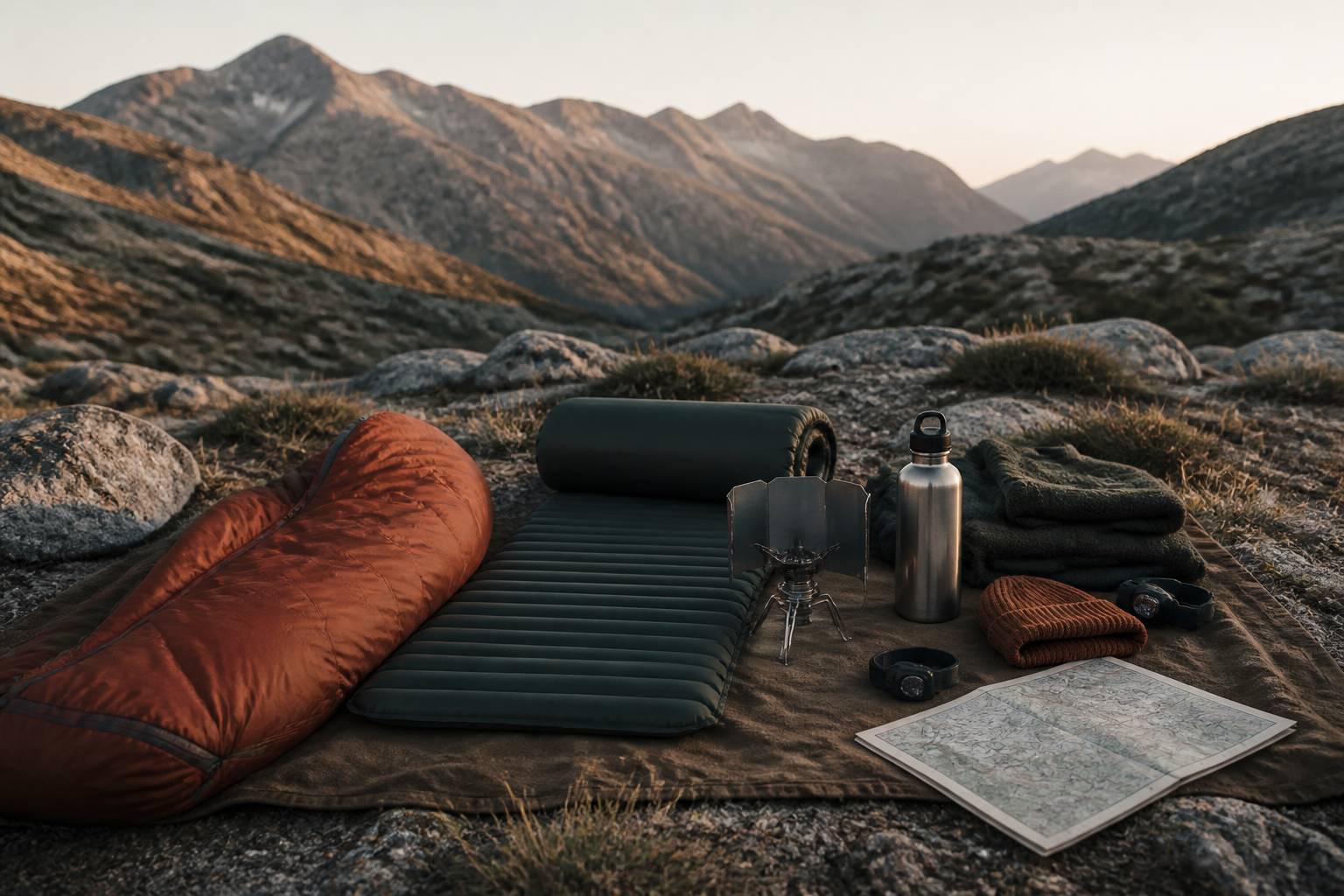 Matériel de bivouac étalé avec duvet, réchaud et frontale
