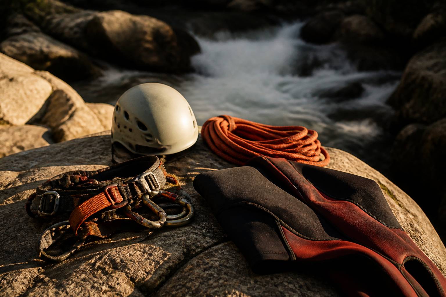 Casque, baudrier et combinaison de canyoning posés sur la roche