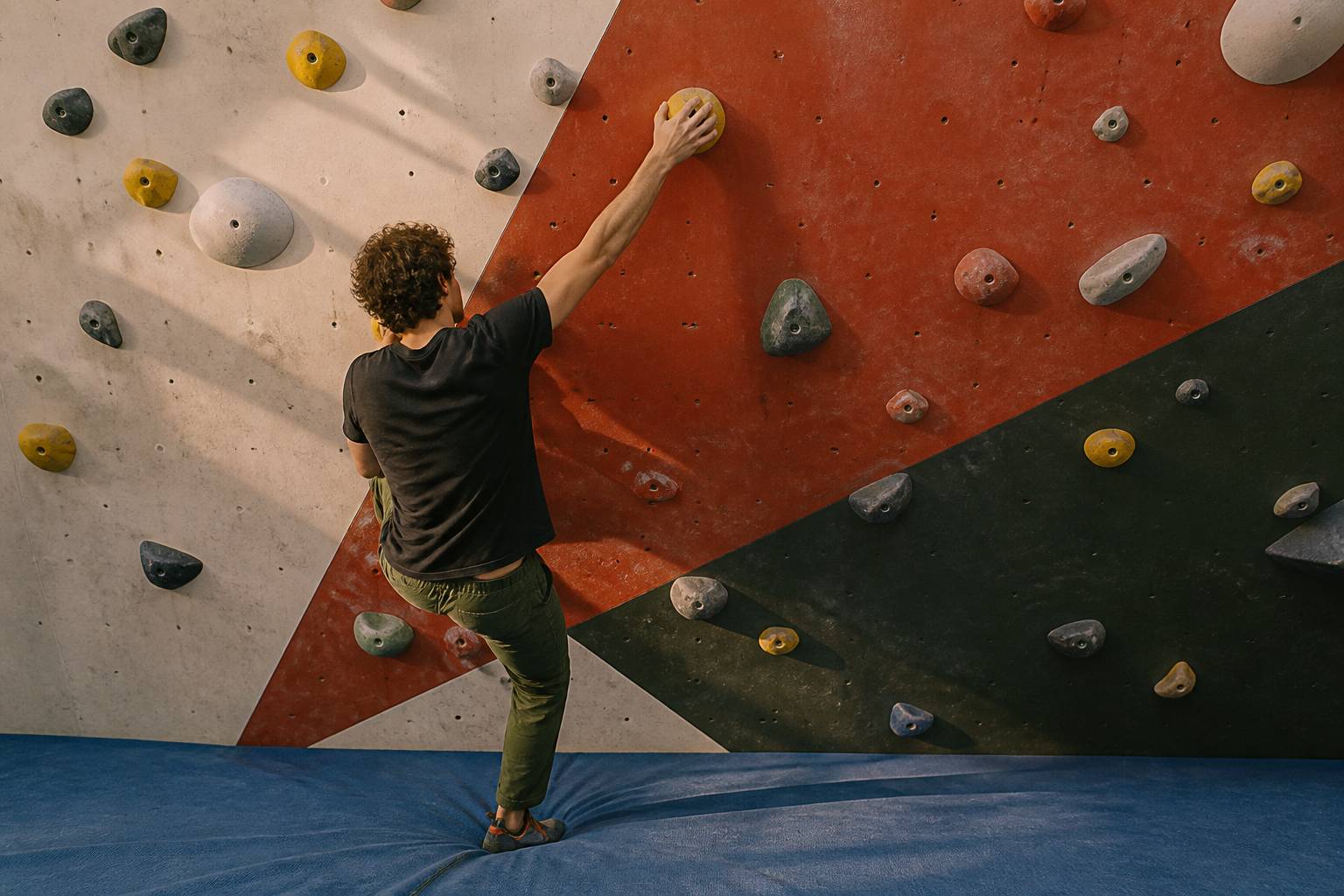 Grimpeur vu de dos sur un mur de bloc aux prises colorées, tapis de réception en dessous