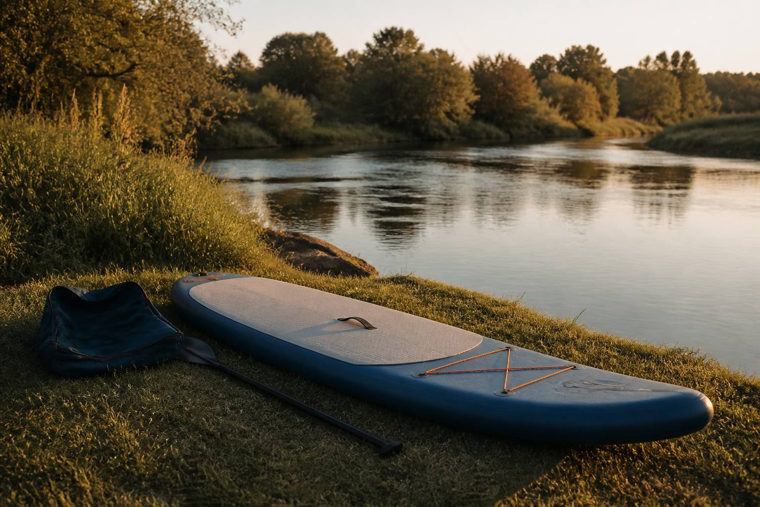 Paddle gonflable sur une rivière calme près d'une berge