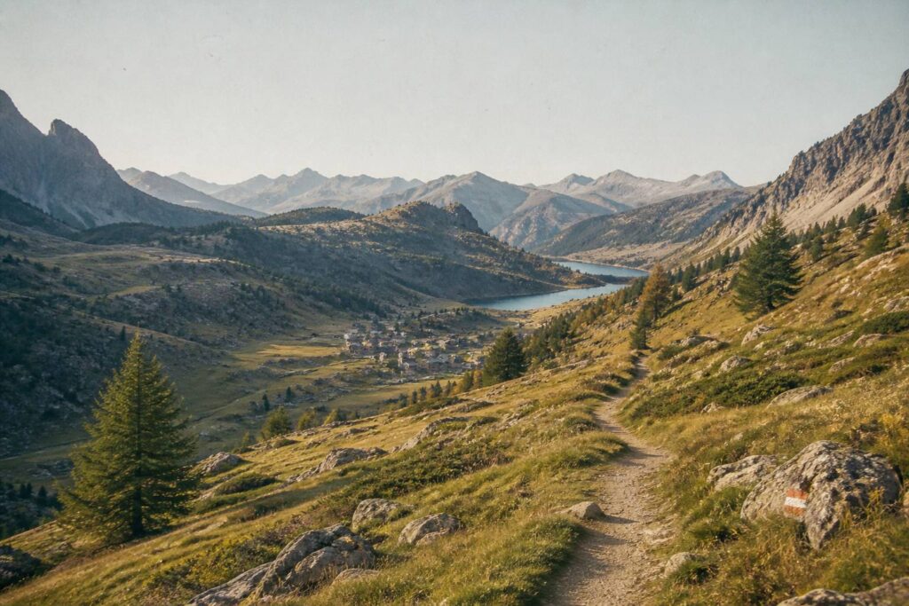 Vallée du Queyras avec sentier de randonnée et village d'altitude