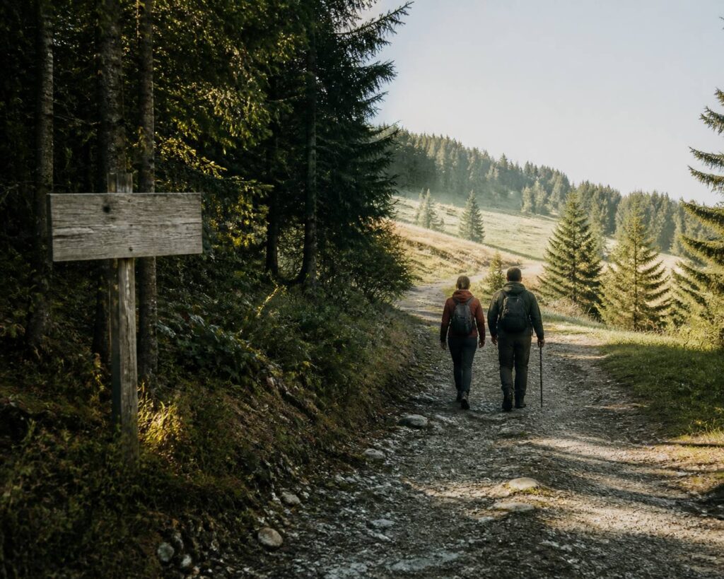 Randonneurs de dos sur un sentier forestier au petit matin