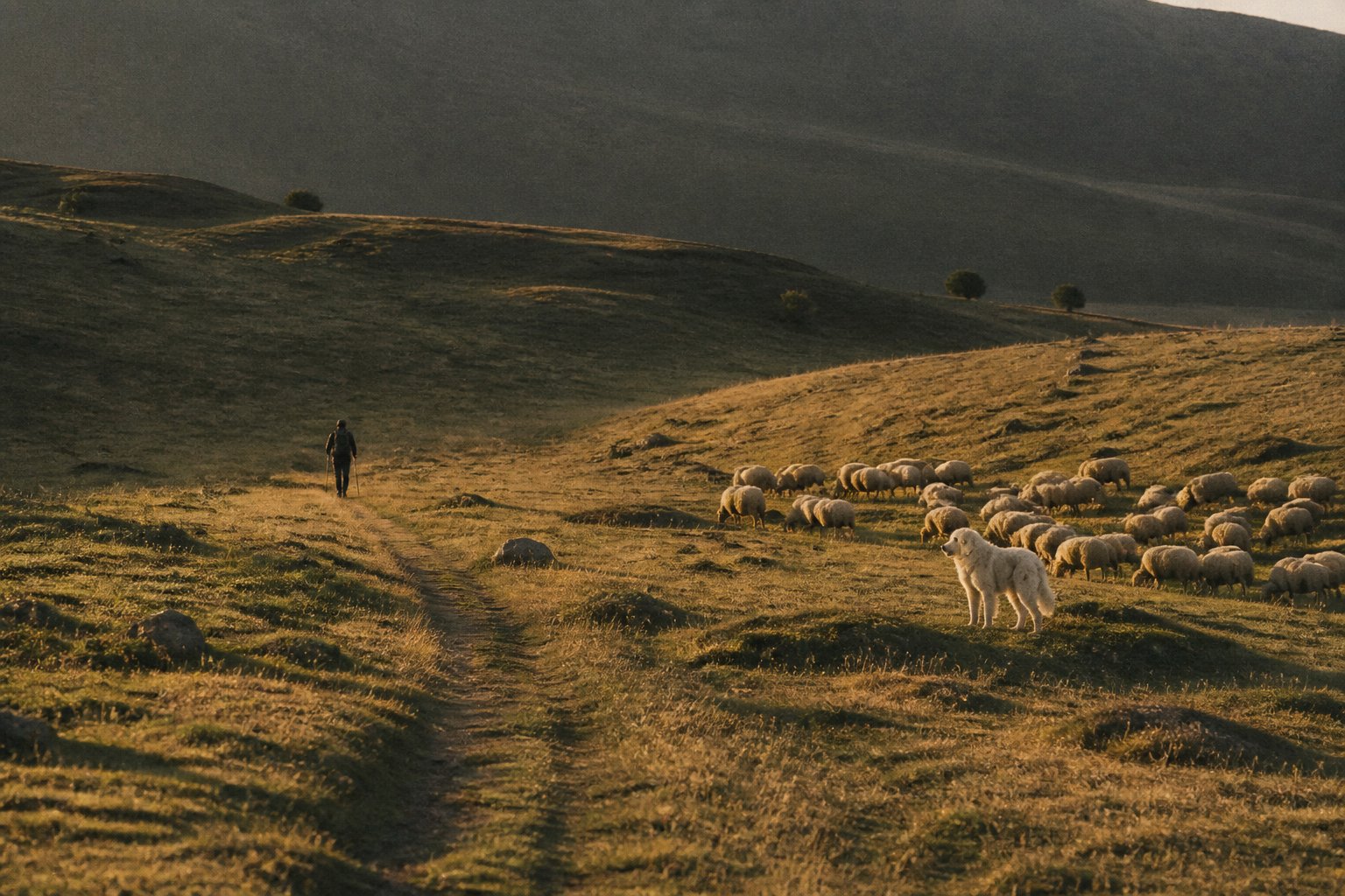 Randonneur vu de dos longeant un sentier d'alpage où paît un troupeau gardé