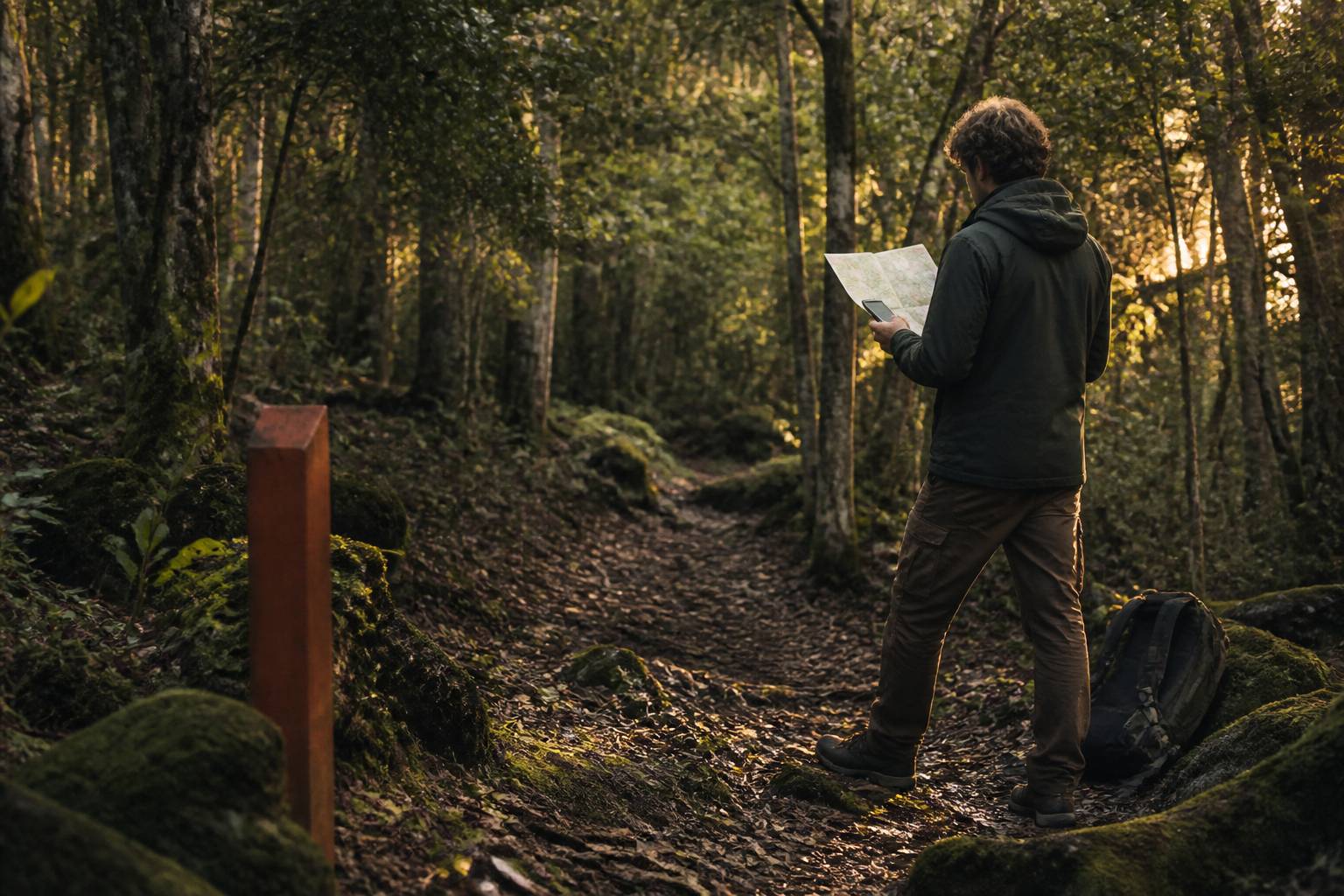 Randonneur consultant une carte papier sur un sentier forestier balisé