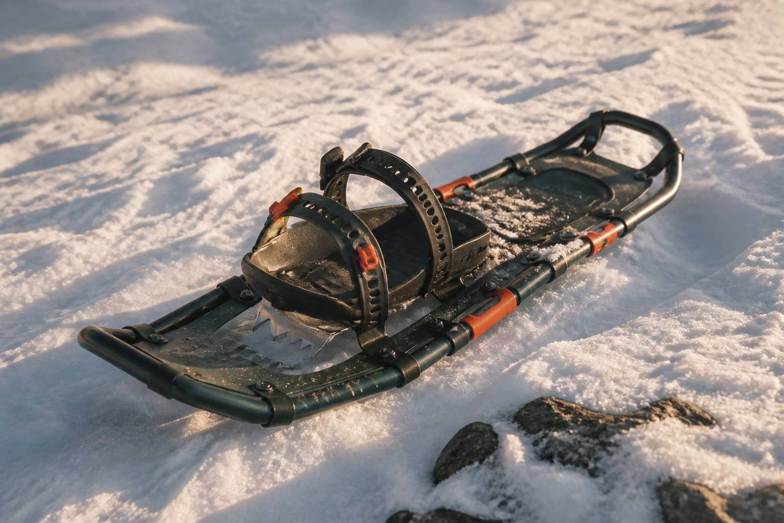Détail de fixation et crampons d'une raquette à neige
