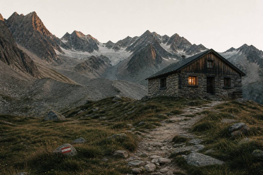 Refuge de montagne en pierre avec sentier et sommets en arrière-plan