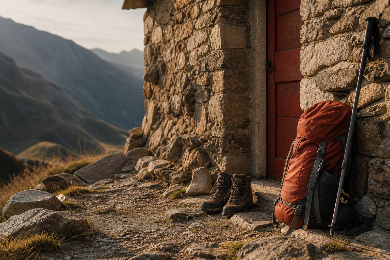 Refuge de montagne avec sac à dos posé contre le mur en pierre