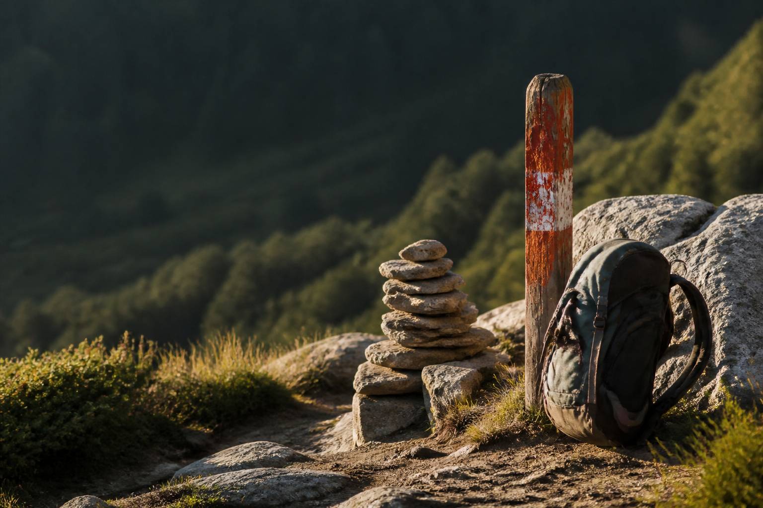 Sentier de montagne avec un cairn de pierres, un poteau de balisage et un sac à dos