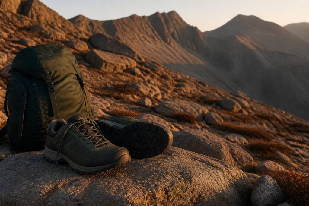 Chaussures de randonnée basses sans logo posées sur un rocher avec sac à dos en montagne