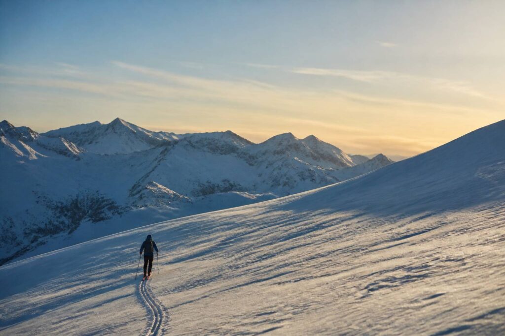 Skieur de randonnée de dos évoluant sur une pente enneigée en montagne