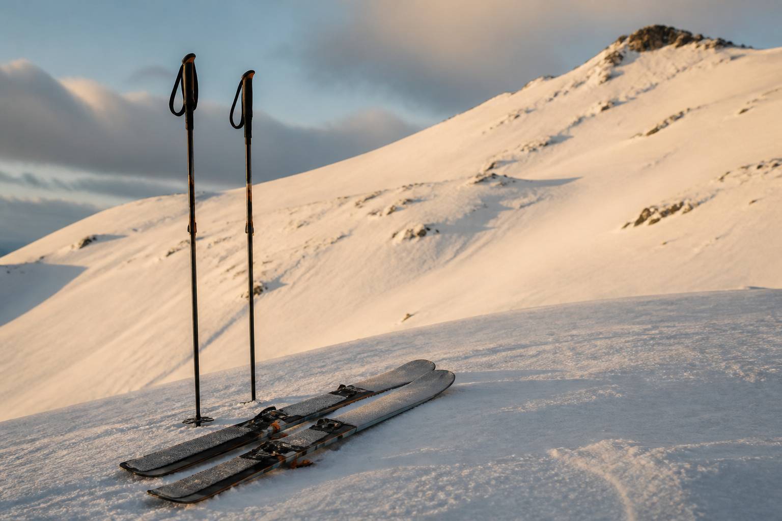 Paire de skis avec peaux de randonnée et bâtons posés dans la neige