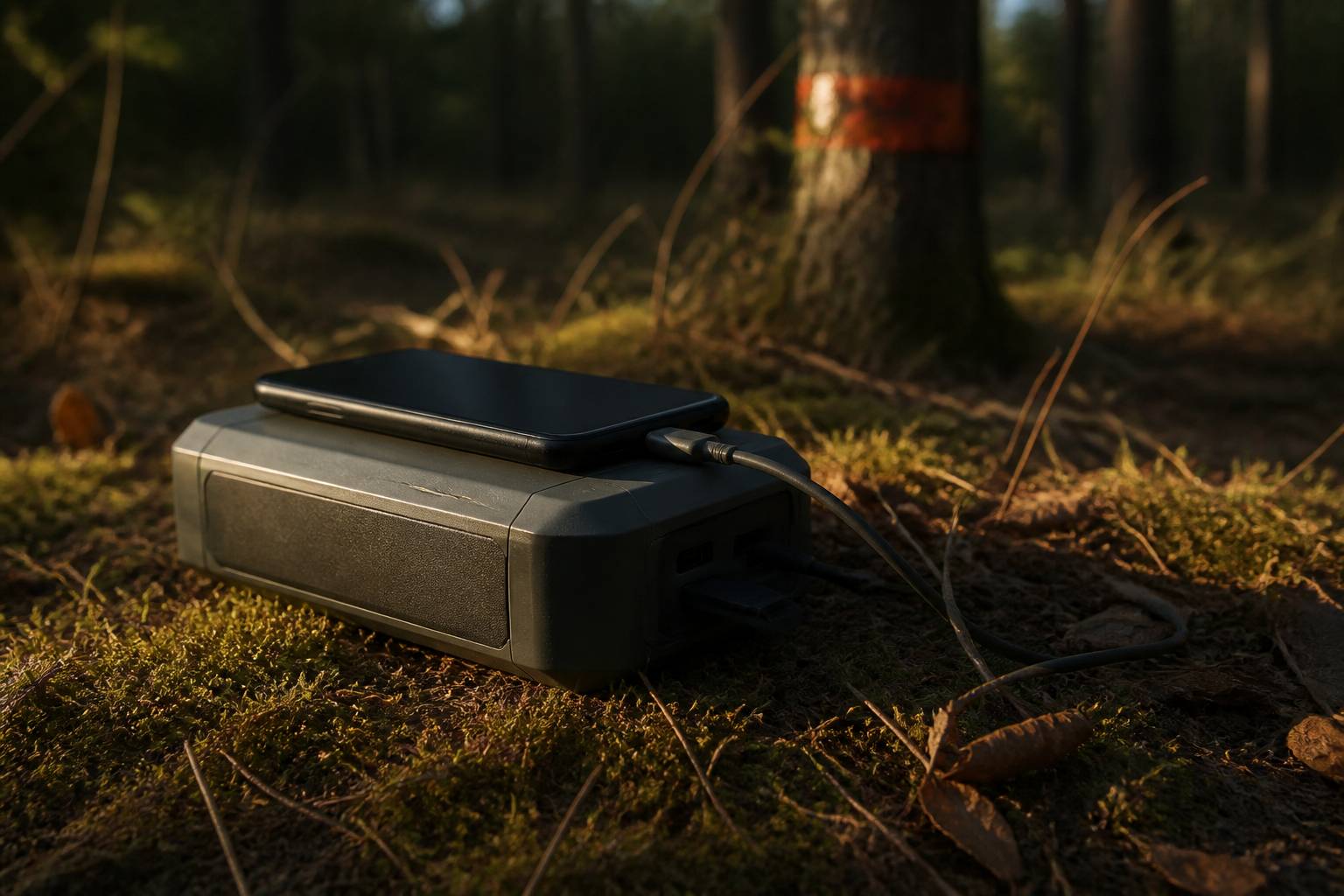 Station électrique portable générique avec un câble USB branché et un téléphone
