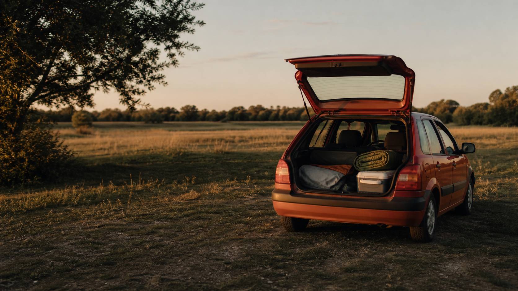 Voiture chargée de sacs et de matériel de camping