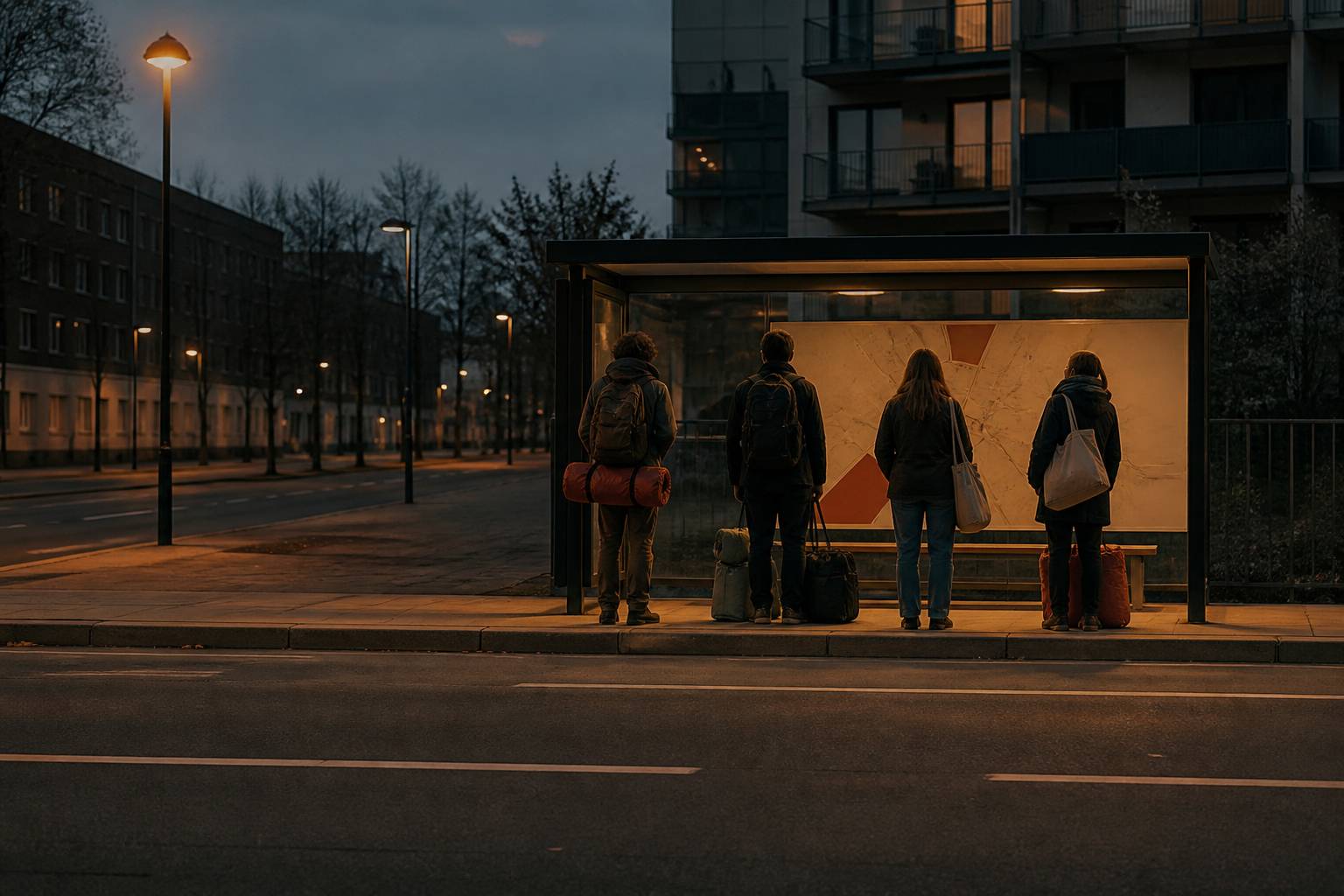 Arrêt de bus éclairé avec des festivaliers attendant le retour