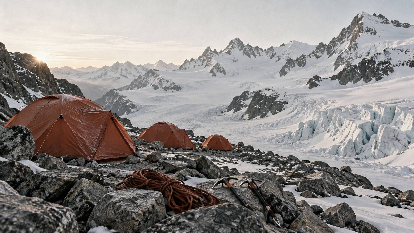 Haute montagne enneigée anonyme au lever du jour avec glacier et ciel rosé