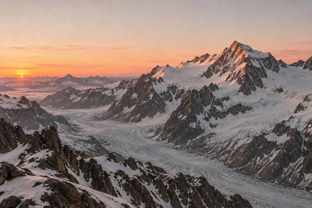 Haute montagne enneigée anonyme au lever du jour avec glacier et ciel rosé