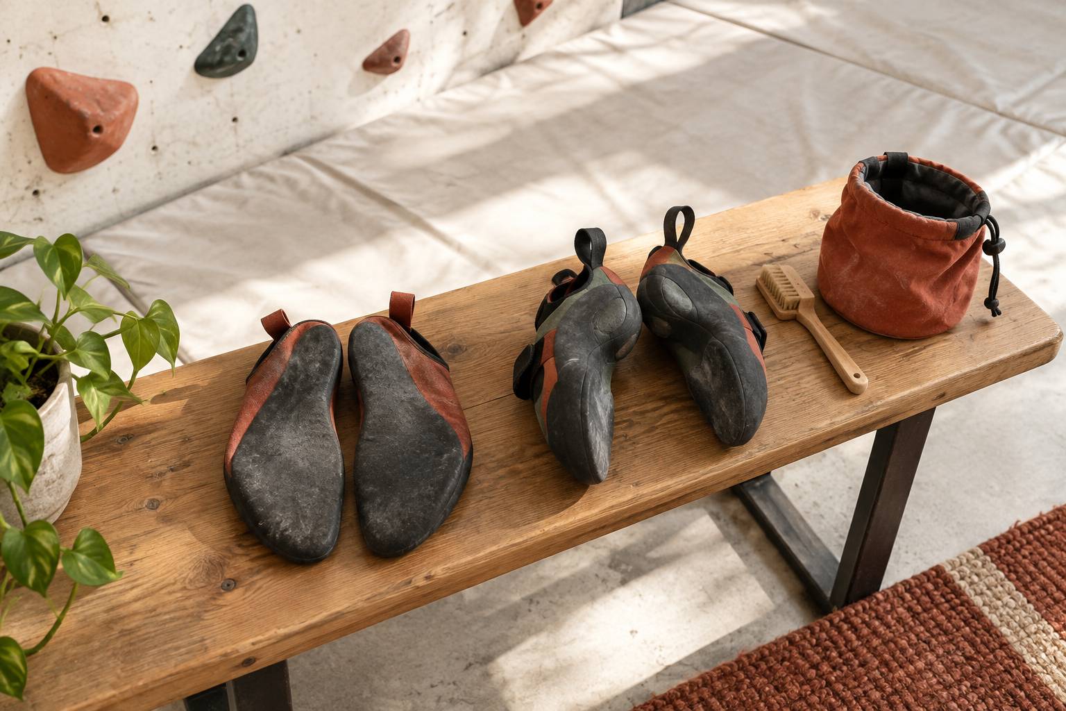 Semelles plates et cambrees de chaussons d'escalade sur un banc de vestiaire