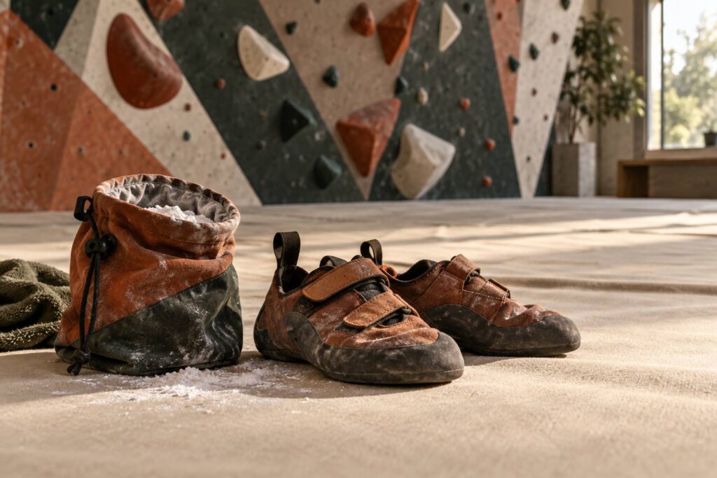 Paire de chaussons d'escalade sur un tapis de salle de bloc avec sac de magnesie